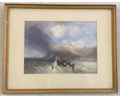 C. Bentley lithograph depicting a fishing boat below cliffs. Highlighted in watercolour. Framed and glazed. Approx. 20 x 27cm