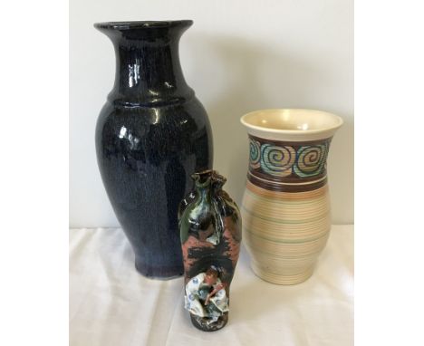 3 ceramic vases. Comprising a Royal Cauldon cream swirl pattern vase, a large blue vase and a small brown vase with fluted to