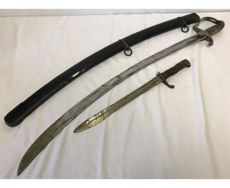 A 19th century curved Calvary sword in black painted steel scabbard, no makers mark to blade. Together with a wooden handles 