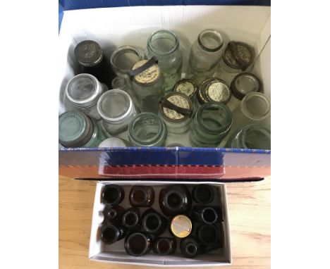 A collection of vintage Kilner jars together with a box of brown glass vintage Bovril and Oxo jars.  