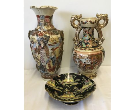 2 large oriental vases, one with gilt dragon handles. Together with a Royal Winton " Pekin " oriental design ceramic dish. 