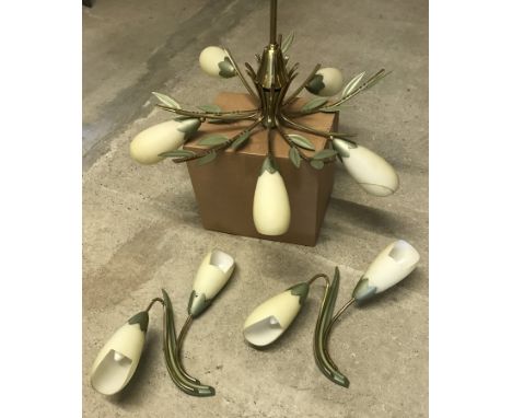 A vintage green and gold flower and leaf design 5 branch ceiling light with 2 matching wall lights. Some shades a/f. 