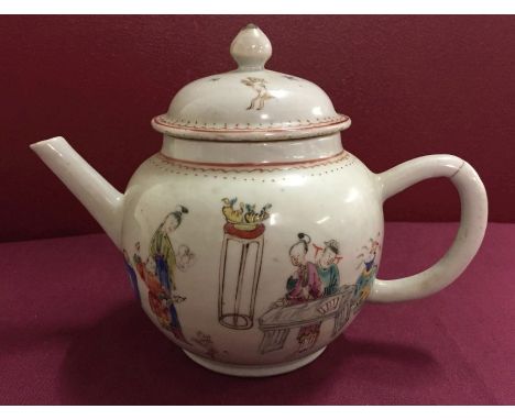 A ceramic teapot decorated with hand painted oriental figural design. a/f. 