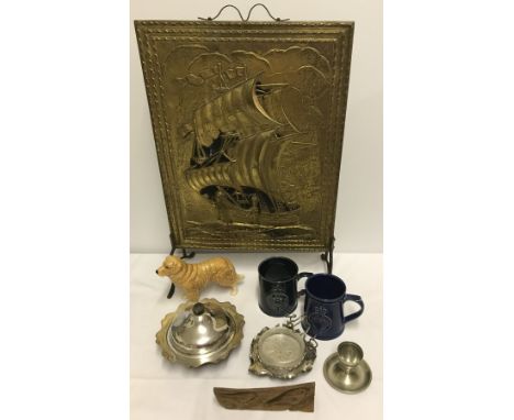A collection of assorted items. Comprising:- Sylvac Golden Retriever, 2 Norwich Police 150th anniversary mugs, silver plated 