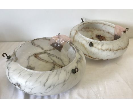 A pair of vintage mottled glass flycatcher ceiling lights Complete with chains. White and brown colouration. 