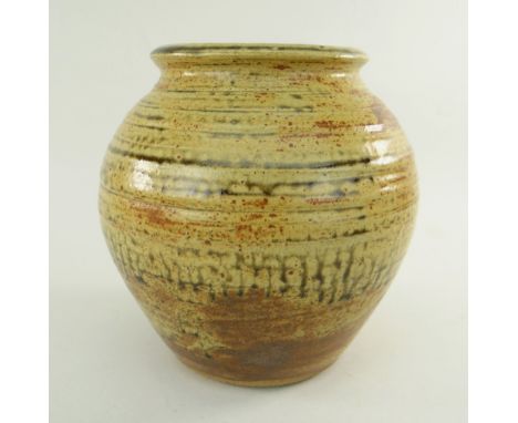 GEOFFREY WHITING FOR AVONCROFT STONEWARE OVIFORM VASE with green and brown glazes, impressed mark, 18cms high