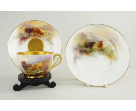 ROYAL WORCESTER PORCELAIN CABINET TRIO, painted by Harry Stinton with highland cattle (3) Condition Report: plate and tea cup