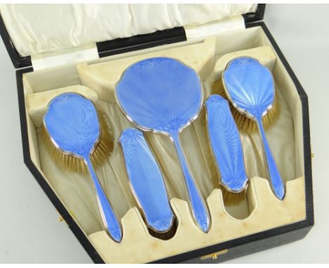 GOOD GEORGE V SILVER &amp; GUILLOCHE ENAMEL VANITY SET, SHEFFIELD 1929 by Walker &amp; Hall, in satin and velvet lined box co