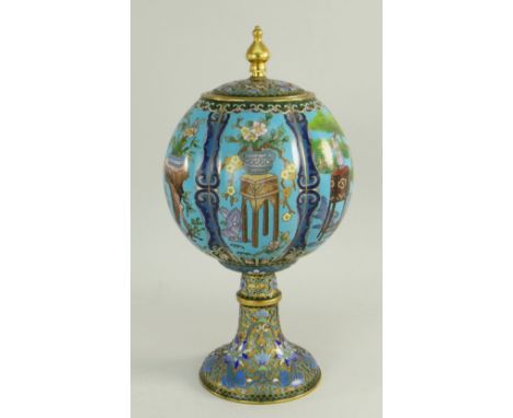 CHINESE CLOISONNE ENAMEL LOBED GLOBULAR VASE &amp; COVER decorated with plants in vases, socle base, 25cms high