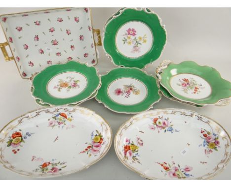 ASSORTED 19TH CENTURY STAFFORDSHIRE BONE CHINA DISHES including four Chamberlain's Worcester green ground dessert dishes, thr