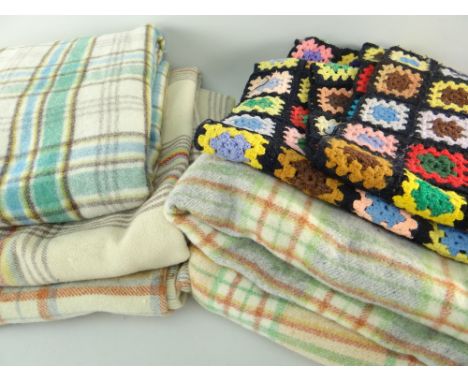 FIVE VINTAGE  WOOLLEN BLANKETS in pastel shades of ivory, green, grey, blue, yellow ETC and a tapestry knitted throw (6)