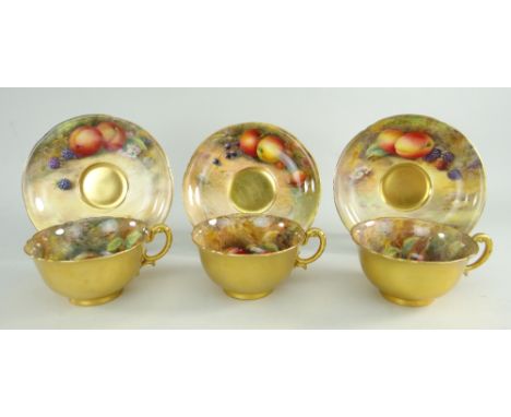 SET OF THREE ROYAL WORCESTER FRUIT PAINTED CUPS & SAUCERS, painted by Harry Stinton, depicting black berries, pears, apples, 