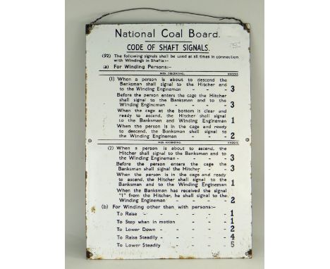 VINTAGE NATIONAL COALBOARD ENAMEL SIGN 'CODE OF SHAFT SIGNALS', black lettering on white ground, 51 x 35.5cms