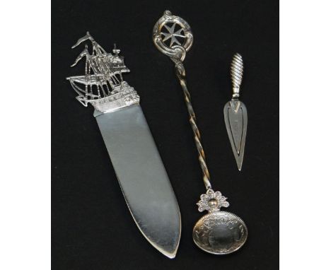 EDWARD VII SILVER PAPER KNIFE WITH GALLEON TERMINAL, London 1902, J Dudley, Southsea, together with silver bookmark in the fo