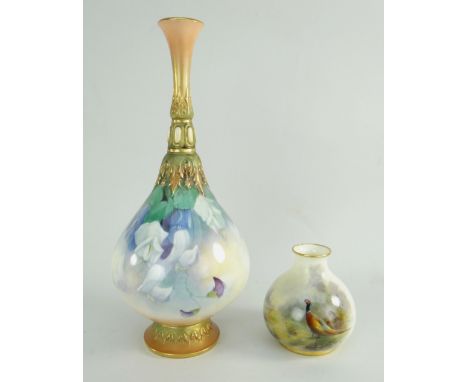 TWO ROYAL WORCESTER PORCELAIN VASES, one shape 2491, painted by James Stinton with a pheasant pair, 7.5cms and a bottle vase 