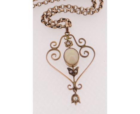 9CT OPAL &amp; SEED PEARL PENDANT &amp; CHAIN, 5.9gms overall