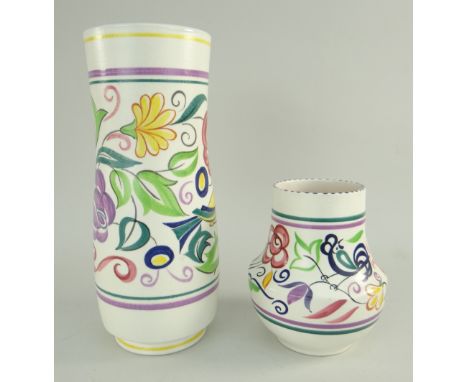 TWO POOLE POTTERY VASES decorated with 'LE' pattern, 23 and 12.5cms high each (2)