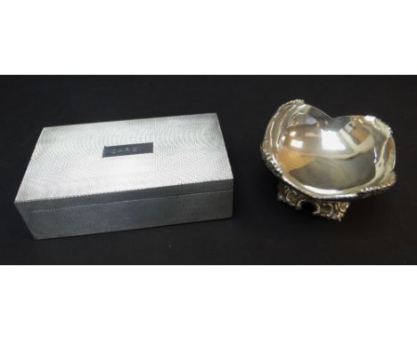 STERLING SILVER ENGINE TURNED CIGARETTE BOX gross weight 13.9oz and a small sterling silver pedestal bowl, 3.7oz (2)