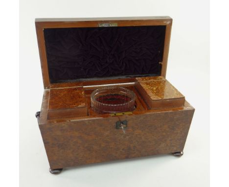 EARLY 19TH CENTURY YEW WOOD TEA CADDY, hinged lid opening to a fitted interior with glass, worn, some veneers lifting, 35cms 