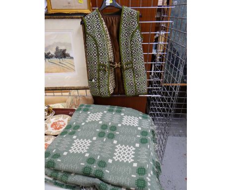 TRADITIONAL WELSH WOOL WOVEN TAPESTRY BEDSPREAD in green and white (fitted) together with two ladies traditionally woven slee