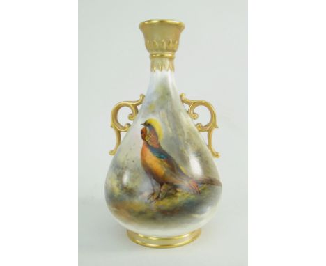 ROYAL WORCESTER PORCELAIN TWIN-HANDLED VASE PAINTED BY JAMES STINTON, shape no. 995, decorated with golden pheasant, 15cms hi