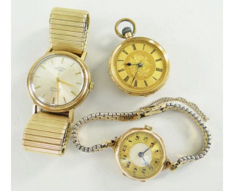 18CT YELLOW GOLD FLORALLY ENGRAVED FOB WATCH, 9ct gold ladies wristwatch and 9ct gold gents Rotary Incabloc wristwatchThe 18K