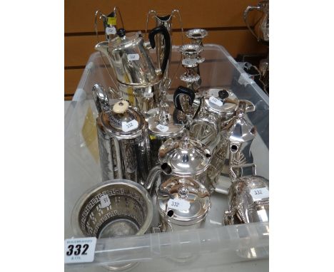 ASSORTED SILVER PLATED TABLE WARES including coffee pots, teapot, vases, candlesticks, sugar, trug ETC