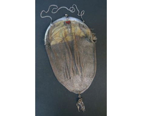WHITE METAL LADIES MESH PURSE WITH ENAMEL SHIELD DECORATION, possible Portuguese silver with hallmark that appears to be a bo