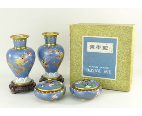PAIR OF CHINESE CLOISONNE ENAMEL DRAGON VASES &amp; STANDS, 20cms high and a pair of covered jars similar, 13cms diam. (4)