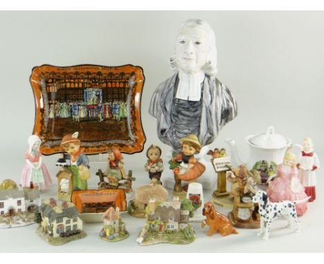 ASSORTED COLLECTABLE CHINA, including pottery bust of John Wesley, 33cms high, Hummel figures, Doulton figures, teapot printe