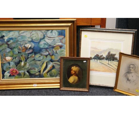 ASSORTED PICTURES including acrylic on canvas of water lilies by R HOPKINS, 48 x 65cms, two prints and an oil portrait of Bea