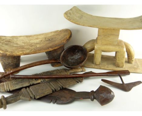 ASHANTI STOOL, LOBI STOOL, THREE TUAREG TENT POSTS, SWAZI AXE, WEST AFRICAN LADLE (7)