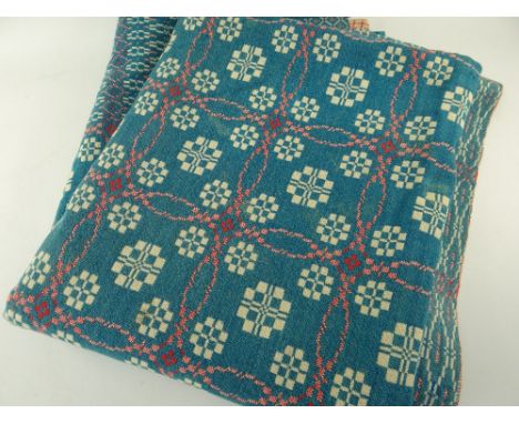 VINTAGE WELSH TAPESTRY WOVEN WOOLLEN BLANKET, in teal, white and scarletThere is a lot of staining and quite a few small hole