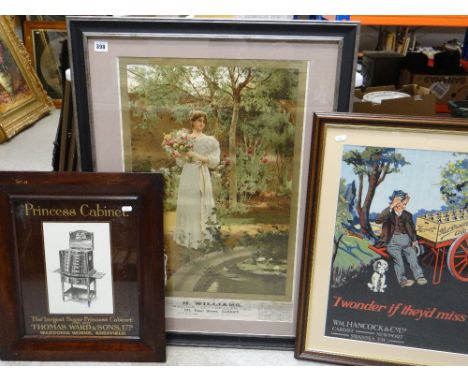 THREE VINTAGE ADVERTISING PRINTS including lithograph calendar 1901, framed princess cabinet, cutlery canteen and Hancock's N