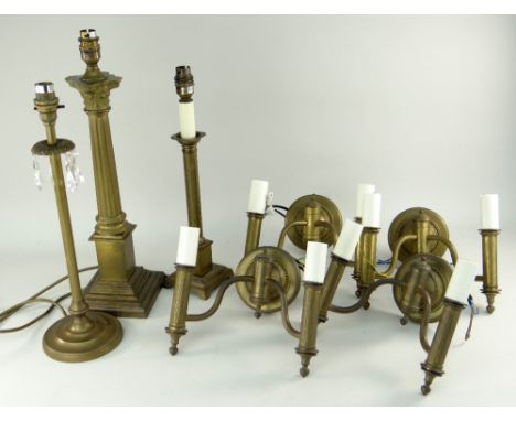 ASSORTED BRASS LIGHTING including a set of four twin-branch wall lights and three candlestick table lights