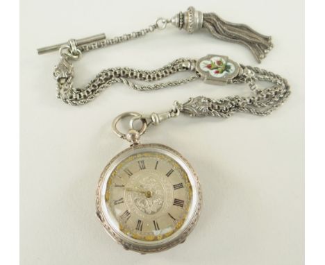 VICTORIAN SILVER LADIES FOB WATCH with gold oak leaf bezel and multi-strand silver Albert with enamel plaque