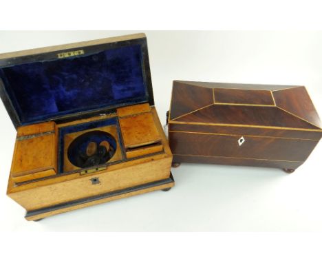 TWO EARLY 19TH CENTURY TEA CADDIES, one in bird's eye maple, the other in mahogany with boxwood stringing, both approx. 32cms