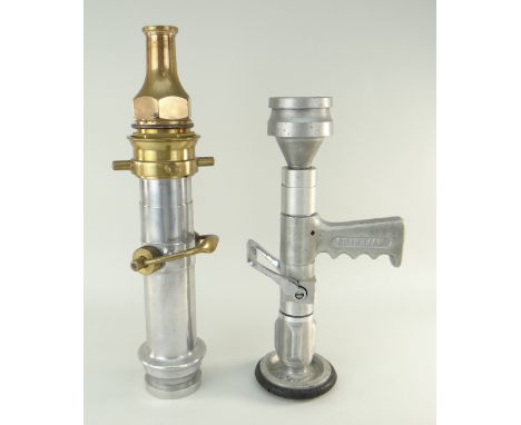 FIRE BRIGADE INTEREST: Two vintage aluminium hand control hose branches, one London Pattern with brass open/spray/shut collar