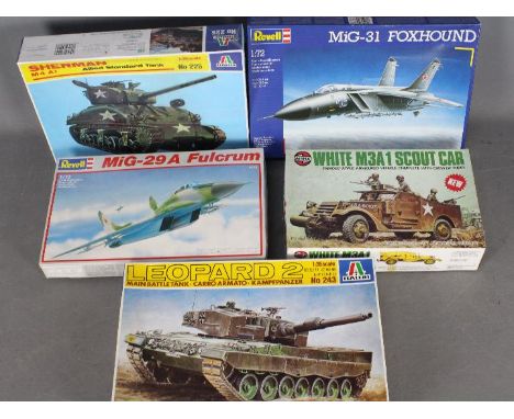 Italeri, Revell, Airfix - Five boxed plastic model kits in various scales. Lot includes Airfix 1:35 scale  #07360 White M3A1 