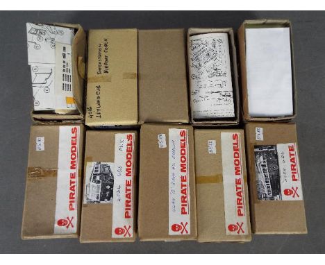 Pirate Models - A group of 10 x white metal bus model kits in 1:76 scale including AEC 4Q4, Leyland Cub, AEC Regal T Class. M