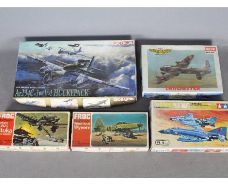 Frog, Academy, Tamiya - Five boxed plastic military aircraft model kits. Lot includes Frog F195 1:72 Junkers JU87G Stuka; Tam