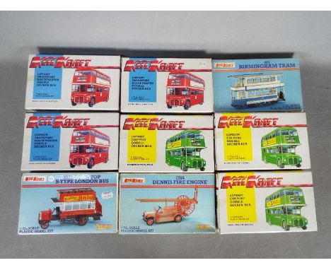 Keil Kraft - A group of 9 x 1:72 scale plastic bus and tram model kits including London Transport Routemaster, 1920 Birmingha