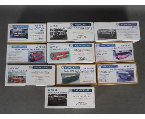 Paragon Kits - A collection of 10 x resin model bus kits in 1:76 scale including # PK30 Leyland TS1, # PK28 Guy Arab III Dupl