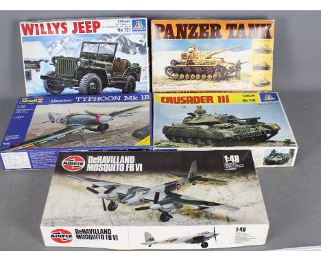 Revell, Airfix, Italeri - Five boxed plastic model kits. Lot includes Revell #4782 1:32 Typhoon Mk.IB; Airfix 07100 1:48 Mosq