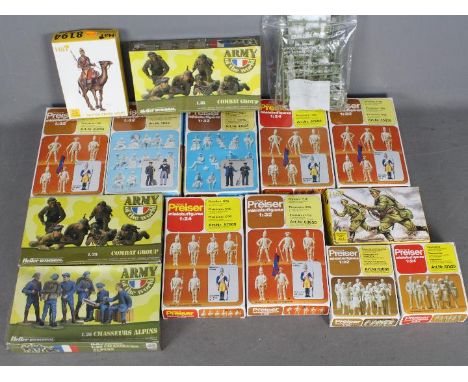 Preiser, HaT; Heller - 14 boxed plastic figure kits in various scales. Lot includes Preiser #57808 1:32 scale Prussians 1756;