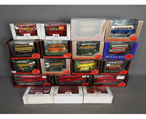 EFE - A crowd of 18 boxed diecast 1:76 scale model buses from EFE. Lot includes #10130 Double Deck RT 'London Transport'; #16