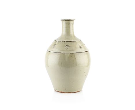 Jim Malone (b.1946) at Lesson Hall Pottery Large bottle vasewith cream/ash green glaze with cross hatch motifs to the shoulde