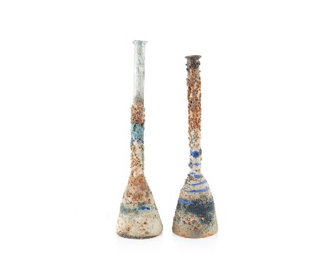 Robin Welch (1936-2019)Two bottlesstoneware, with textured glaze in blue, green and oatmealimpressed potter's seals36cm and 3
