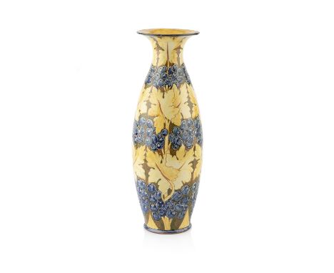 Della Robbia PotteryVase, 1897decorated with a grape vine pattern in yellow and blueincised marks33cm high.  Covered in close