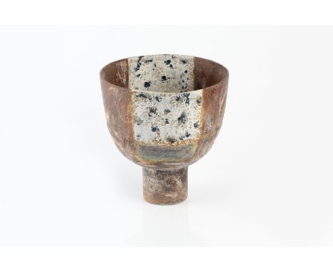 Robin Welch (1936-2019) Pedestal footed bowlstoneware, white rectangles painted with blue dots on dark groundimpressed potter